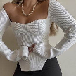 Sexy Square Neck Ribbed Knitted Sweater Women Long Sleeve Stretch Pullovers Streetwear Black Soft Basic Top 210430