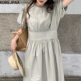 Korejpaa Women Dress Summer Temperament Round Neck Loose Wrinkled Waist Design Back Single-Breasted Puff Sleeve Vestidos 210526