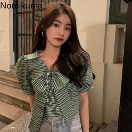 Nomikuma Vintage Plaid Blouse Women Chemises Femme Bow Knot Design V Neck Short Sleeve Shirts Female Casual Retro Tops Blusas 210514