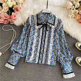 Spring Autumn Sweet Doll Collar Single-breasted Floral Shirt Female Temperament Lace Puff Sleeve Loose Blouse UK669 210506