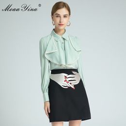 29Fashion Designer Set Spring Women's Lace Ruffles Mesh Long sleeve Blouses Tops+Sequins Skirt Two-piece set 210524