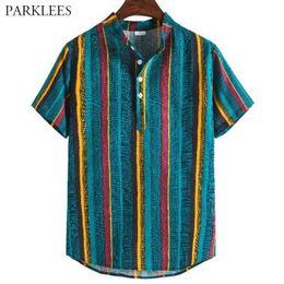 Colorful Rainbow Striped Printed Mens Summer Shirt Funny Graffiti Shirts for Men Casual Stand Collar Men Short Sleeve Shirt 210524