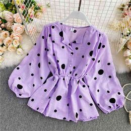 Women's Irregular Blouse Polka Dot Chiffon Shirts Autumn French Puff Sleeve Nipped Waist All-match Female Blusa Tops PL521 210506