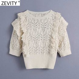 Zevity Women Sweet Lace Crochet Patchwork Hollow Out Short Knitting Sweater Female Chic O Neck Ruffles Slim Pullovers Tops SW711 210603