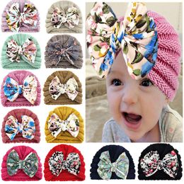 New Wool Crochet Knit Turban Hat Infant Toddler Floral Print Head wraps Newborn Bonnet Beanies Caps for Baby Girls Boys