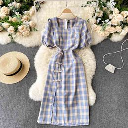 Women Fashion Vintage Plaid Short Sleeve A-line Dress Spring Summer Modified Cheongsam Disc Buckle Vestidos R991 210527