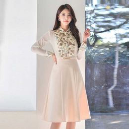 Spring Summer Fashion Temperament Patchwork Print Lapel Long Sleeve Shirt Female High Waist Slim Skirt Suit 210529