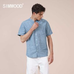 Summer Cotton Linen Shorts Sleeve Shirts Men Breathable Comfortable Collarless Vertical Striped SK130397 210721