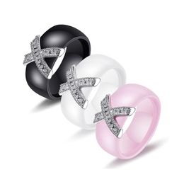 -Schwarz Weiß Keramikring mit AAA Kristallringe Für Frauen Männer Modeschmuck Paar Zirkon Brief Eheringe Ringe