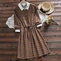 Japanese Mori Girl Vintage Dress Spring Autumn Women Long Sleeve Floral Print Cotton Dresses Dark Red,ginger Yellow Vestidos 210520