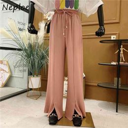 Neploe High Waist Hip Wide Leg Pants Women Elastic Design Split Design Solid Trousers Spring Loose Pantalones Mujer 210510