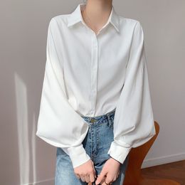 Women White Minimalist Style Slim Blouse Lapel Long Petal Sleeve Loose Fit Shirt Fashion Spring Summer 2F0311 210510