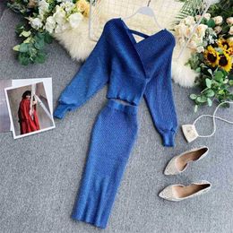 Women Bling Sweater Two Piece Sets Spring Autumn V Neck Sexy Bawing Sleeve Knit Tops And Wrap Skirt Outfit Woman Office Suit 210525