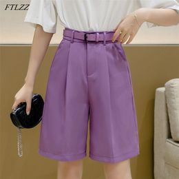 Spring Summer Women High Waist Straight Solid Shorts Casual Female Wide Leg Ins Ladies Loose with Belt 210430