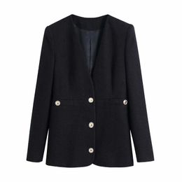 Women's Suits & Blazers Women Vintage Black Tweed Blazer Female Long Sleeve Elegant Jacket Ladies