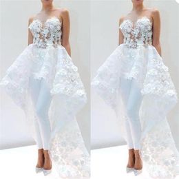 A Line White Wedding Dresses 3D Appliques Bridal Dress Sheer Neck Custom Made Pants Elegant vestido de novia