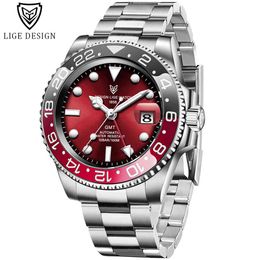 2020 Lige Design Men Gmt Automatic Mechanical Watch Ceramic Bezel 316l Stainless Steel 100atm Waterproof Sapphire Glass Watches Q0524