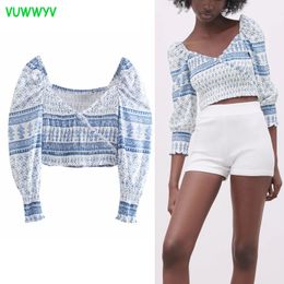 VUWWYV Women Tops White Blue Print Crop Top Woman Blouses Summer Long Sleeve Pleated Ladies Tunics Female Shirt 210430