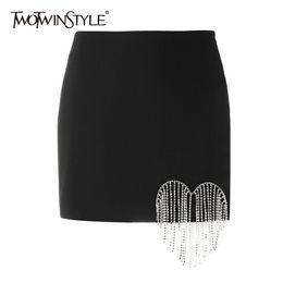 Black Patchwork Diamond Tassel Skirt For Women High Waist A Line Casual Mini Skirts Female Fashion Summer 210521