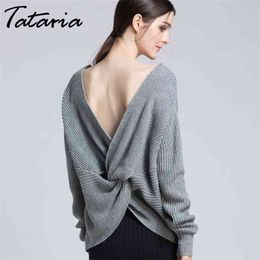 1Sexy Sweater Women Spring Back Open Knitted Front Twist V neck Pullovers Female Pull Femme Hiver Woman 210514