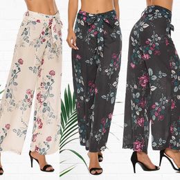 Women Wide Leg Pants Bohemian Geometric Print Trousers Summer Casual Lace Up Long Pantalon Loose Flare Pants Streetwear Q0801