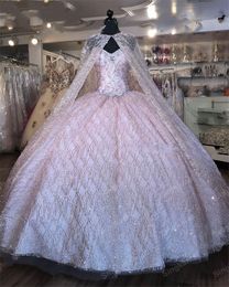 Bling Rose Pink Sequins Quinceanera Dresses With Cap Pearls Beading Crystal Strapless Lace-up Ball Gown Sweet 16 Dress Prom Pageant Gowns Party Expensive