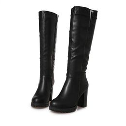 Boots Women Black Winter Fashion Style Comfortable Round Toe Square Heel Shoes Mid-Calf Riding