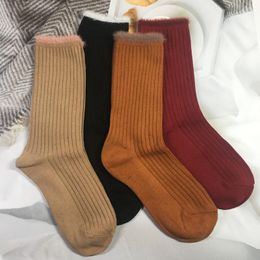 Men's Socks 1 Pair And Women's Autumn Winter Retro Trend Solid Color Double Needle Burr Rib Pile Cotton