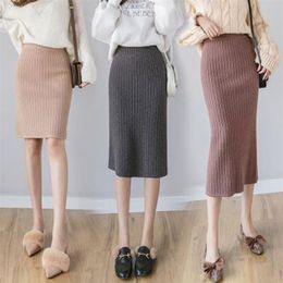 Autumn Winter All-match Skirt Knitted Skirts Mid-Calf & Knee-Length Office Skirt Warm Knitted Black Pencil Skirts 211120