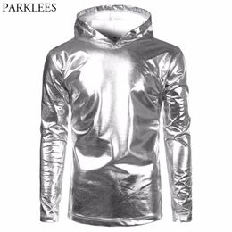 Mens Hipster Sliver Metallic Hoodie T-shirts Fashion Nighclub Party Stage Dance Tshirt Male Tshirt Homme Tin Man Costume 210522