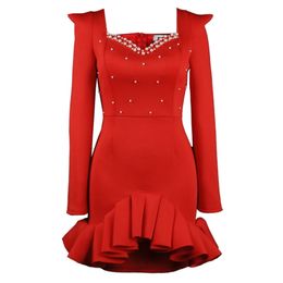 Christmas Red Party Dress for Women Ruffles Patchwork with Bead Sexy Long Sleeve Bodycon Celebrity Birthday Occasion Fall est 210527