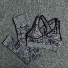 2Pcs Yoga Set Seamless Camouflage Women Fitness Clothing Sports Wear Gym Leggings Padded Push Up Strappy Bra Suits 210802
