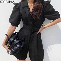Korejpaa Women Jumpsuits Summer Korean Chic Ladies French Retro Lapel Lace Stitching Pleated Lace-Up Puff Sleeve Jumpsuit 210526
