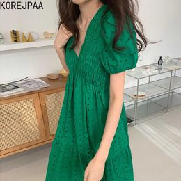 Korejpaa Women Dress Summer Korean Chic Retro Deep V-Neck Design Hollow Wrinkles Thin High-Waisted Large-Length Vestidos 210526