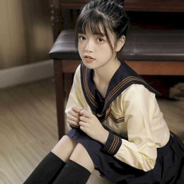 Kwaii Japanese JK uniform yellow spring autumn college style suit pleated skirt class female vintage sailor middle sets 210526