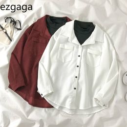 Ezgaga Office Lady Shirts Spring Korean Fashion Button Pockets Loose Long Sleeve Solid Fake Two Women Blouse Elegant Blusas 210430