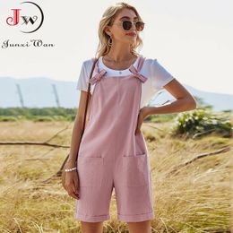 Summer Playsuits Women Jumpsuit Shorts Solid Cotton Straight Casual Loose High Waist Rompers With Pockets 210510