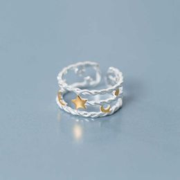 925 Sterling Silver Gold Color Star Moon Stackable Ring for Women Fashion Double Circle Fine Jewelry Gift 210707