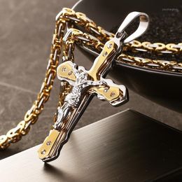 Chains Jewelry Men's Byzantine Gold And Silver Stainless Steel Christ Jesus Cross Pendant Necklace Chain Fashion Cool
