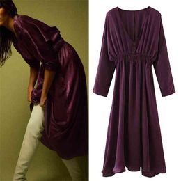 Purple Satin Dress Women Autumn V Neck Long Sleeve Midi Woman Elastic Waist Flared Hems Elegant Ladies es 210519