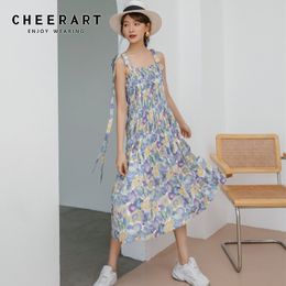 Spaghetti Strap Long Summer Dress Floral Ruched Flowy Slip Women A Line Casual Backless Loose Midi 210427