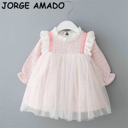 Autumn Girl Dress Pink Plaid Lace Collar Long Sleeve Princess Kids Clothes 0-5T E93026 210610