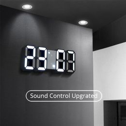 3D LED Wall Clock Modern Digital Sound Control Table Desktop Alarm Clock Temperature Night Light Saat Wall Clock For Home Decor 210325