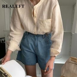 Autumn One Pocket Cotton and Linen Blouse Long Sleeve Stand Collar Vintage Shirts Female Button Loose 210428