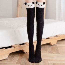Cartoon Bear Coral Fleece Stockings Women Thigh High Stockings Cute Animal Modeling Winter Warm Soft Fluffy Knee Socks