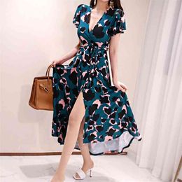Long Elegant print Dress for Summer korea Short Sleeve V neck cotton Ladies Office Sexy Maxi Dresses 210602