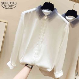 Autumn Korean Slim Mesh Lapel Woman's Shirts Lace Stitching Chiffon Blouse Vintage Long Sleeved Shirt Plus Size 4XL 11094 210508