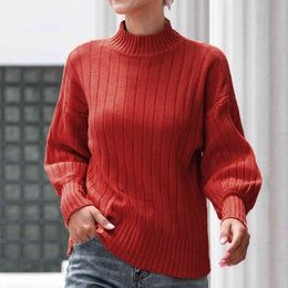 Women's Sweater Pullovers Autumn Winter Fashion knitted Jumper Turtleneck Lantern Sleeve Stripe Sweater Women Pullovers 210514