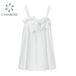 Chic Bow Design Kawaii Strap Dress Women Summer Sleeveless Sweet Korean Square Collar Lady Evening 210515