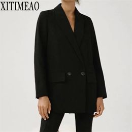ZA Women Fashion Office Wear One Button Blazer Coat Vintage Long Sleeve Pockets Female Outerwear Chic Tops 211006